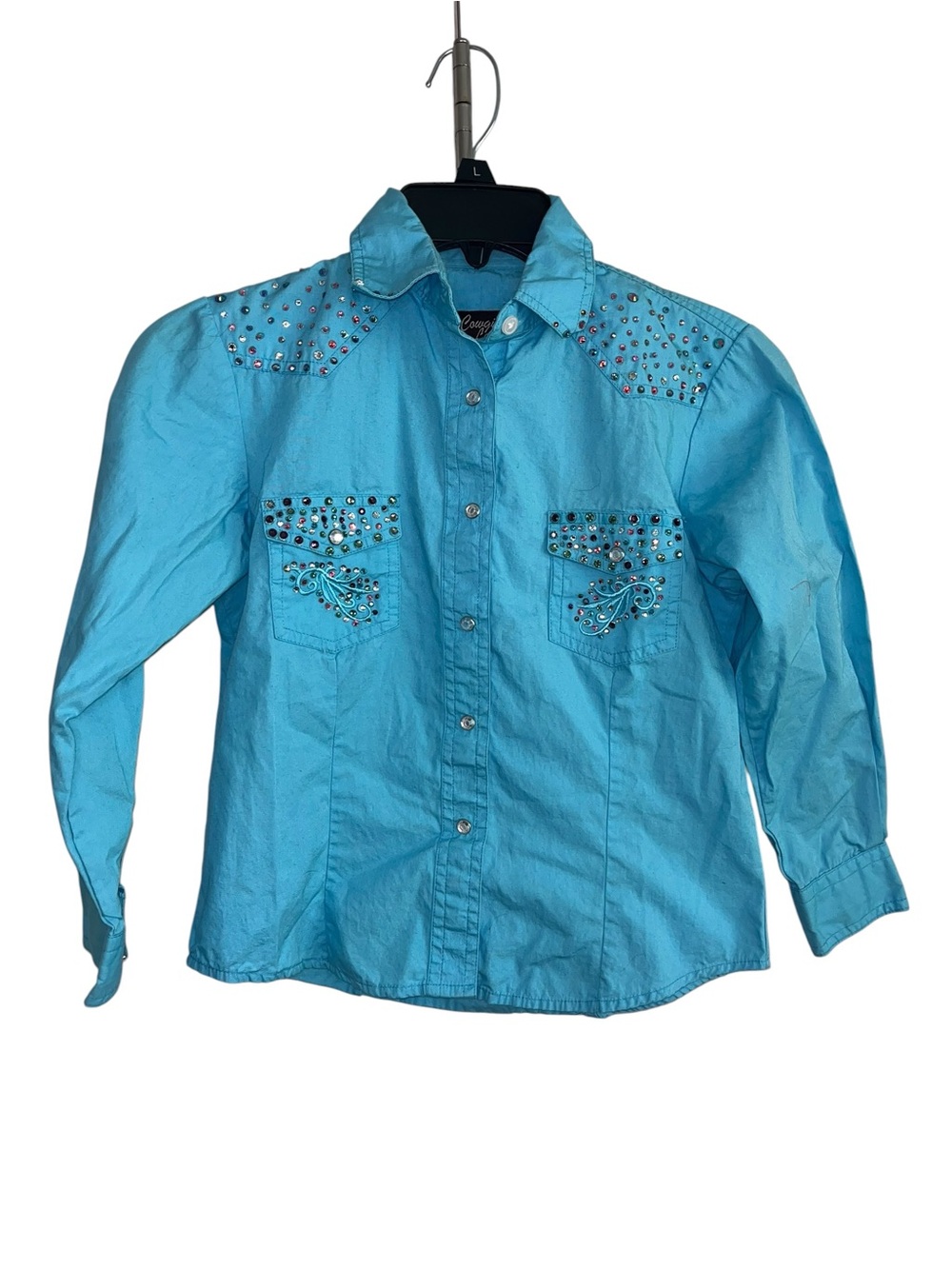 Cowgirl Legend Girls Youth Large Turquoise Rhinestone Western Button Up Shirt